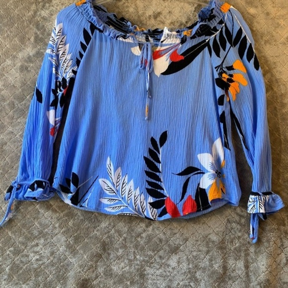 Fig and Flower Boho Peasant Blue Floral‎ Blouse – Size L Tropical Beach